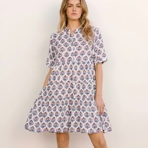 BECASA Boho Block Print Tiered Blue White Resort Dress, XXL